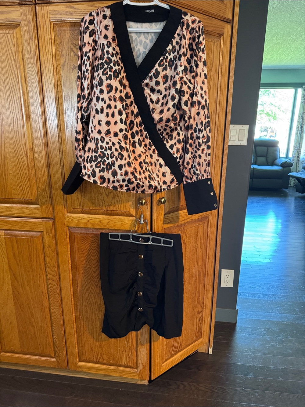 Leopard Print Blouse with Black Trim & skirt